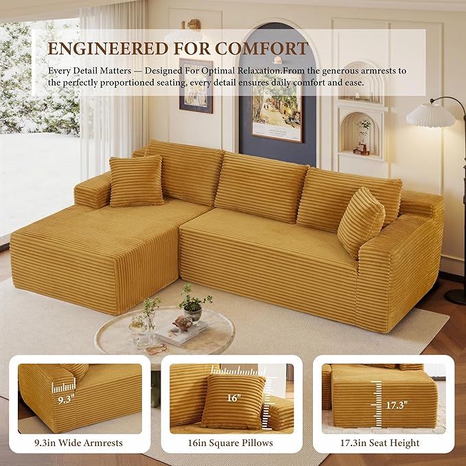 105" Sectional Couches for Living Room Cloud Couch Sofa with L-Shape Upholstered Boneless Couchs Modern Modular Sectional Couch with Chaise (Yellow, 105" W+Left Facing Chaise+2Seaters)