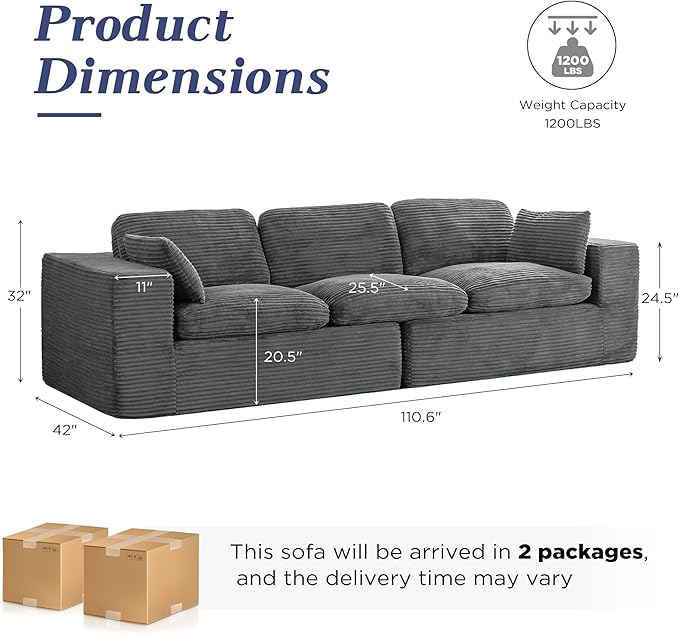 Esright 110" Oversized Sofa for Living Room, Cloud Boneless Couch with Fluffy Seat Cushions, 3 Seater Upholstered Floor Sofa, No Assembly Required, Grey
