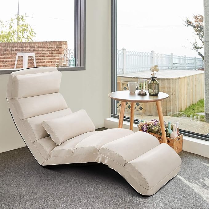 Moccha Floor Chairs for Adults, Adjustable 5-Position Floor Lounger w/Thick Padded & Pillow, No Assembly Folding Lazy Sofa Chair for Gaming, Sleeping, Light Weight Chaise Lounge Indoor, Beige