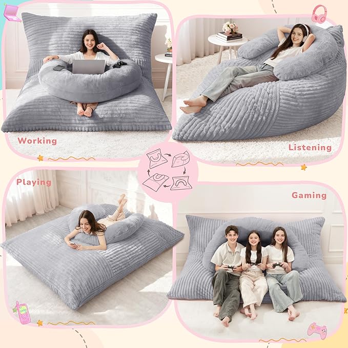 Homguava Giant Bean Bag Chair for Adults with Pillow, 4 in 1 Convertible Floor Cushion for Adluts, Memory Foamed Bean Bag Lounger with Washable Cover for Living Room, Bedroom