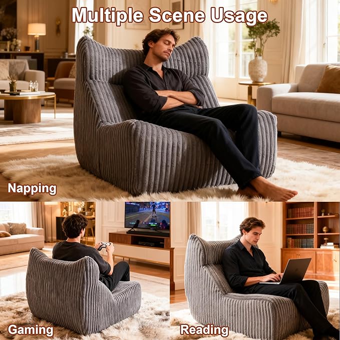 Bean Bag Chairs, Giant Bean Bag Chair for Adults, Memory Foam Lounge Chair, Comfy Lazy Floor Chair, Bean Bag Sofa for Living Room, Bedroom and Office, Single Bean Bag (Grey)