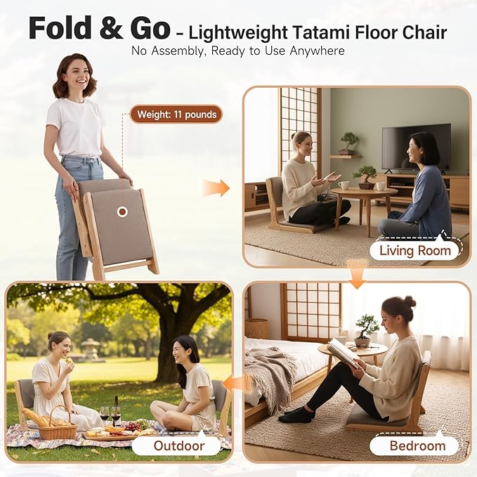 Tiita Floor Chair with Back Support, Foldable Meditation Tatami Chairs, Backrest Chair with Cushion, Living Room Chair Seat 4 Pack, Wood Grey