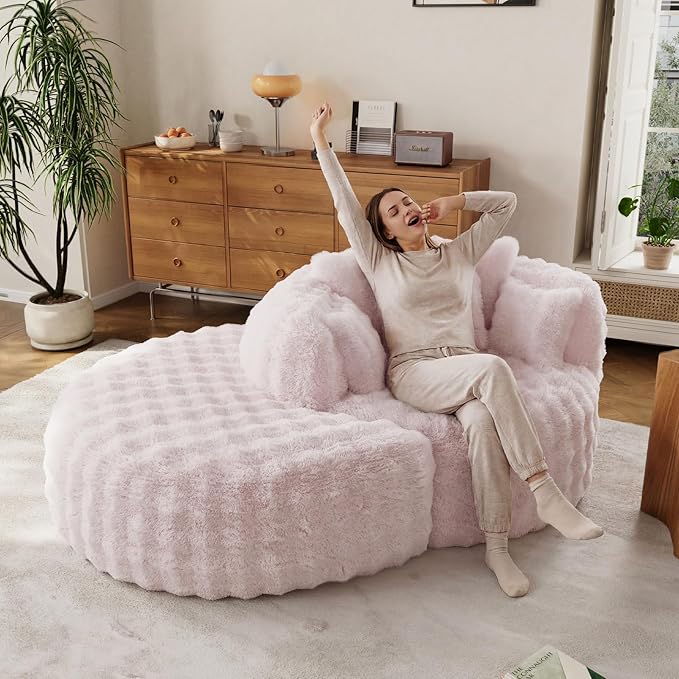 55" W Oversized Round Chaise Lounge Chair with Ottoman Indoor Boneless Faux Fur Plush Fluffy Circle Couch Soft Comfy Cozy Cloud Reading Chair with 5 Pillows for Living Room, Playroom, Bedroom - Pink