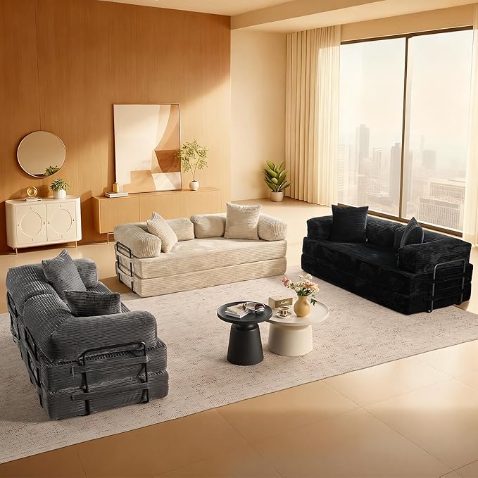 ovios 81" Folding Sofa Bed, Foldable Sleeper Boneless Couch with Pull Out Beds, Modular Convertible Floor Futon Loveseat Lounger for Living Room (Corduroy, Beige)