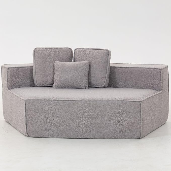 EPOFIT 1-Seater Teddy Fleece Modular Sofa Chair, Low-Profile Floor Seat with Wide Cushion and All-Foam Support, Left-Facing Design, Compressed Packaging – Grey