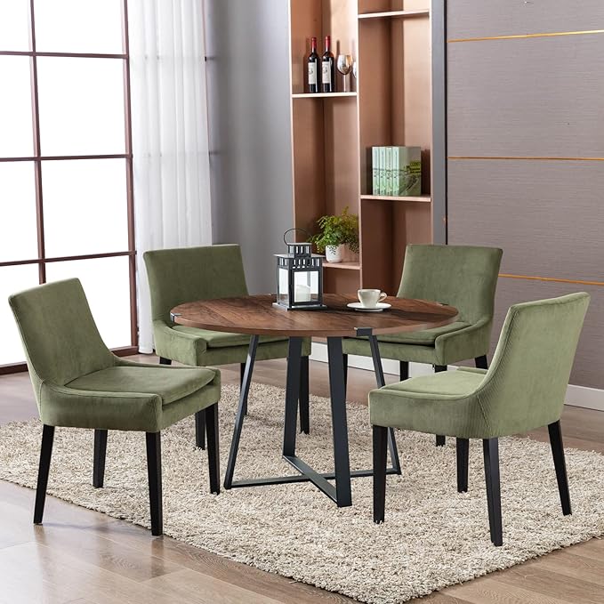 Dining Chairs Set of 2, Upholstered Corduroy Dining Room Chair with Wood Legs, Mid-Back Padded Kitchen Side Chairs for Dining Room, Green