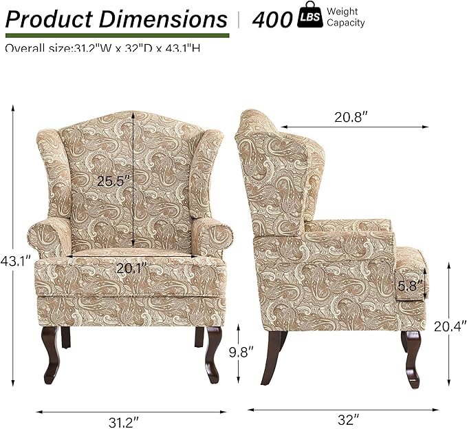 DREAMSIDEA Accent Chair, High Back Upholstered Armchair with High Resilience Sponge & Wood Legs, Mid-Century Modern Comfy Single Sofa Reading Chairs for Living Room, Bedroom (Floral Sand, Set of 1)