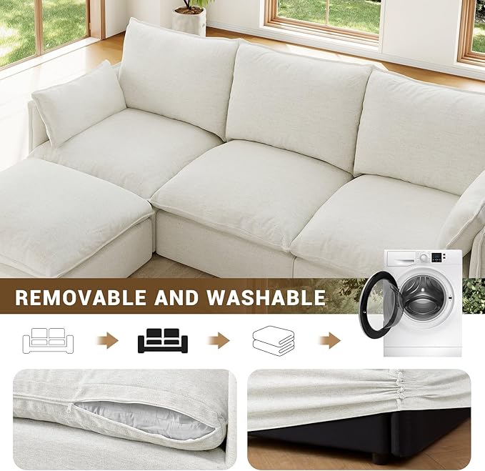 Forest aesthetics 124" U Shape Cloud Modular Sectional,Waterproof High Backrest 6 Seater Sectional Sofas,Down Filled Modular Couch with Removable Washable Cover for Living Room,Cream White