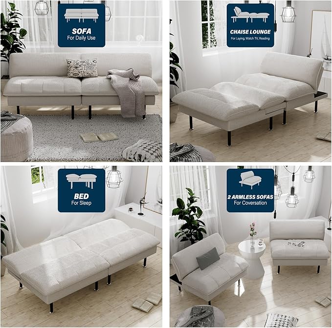 2 Sets 70" Futon Sofa Bed, 4 1 Multi-Function Couch Sleeper with Adjustable Backrest, Modern Convertible Futon, Recliner Small Loveseat for Living Room, Beige