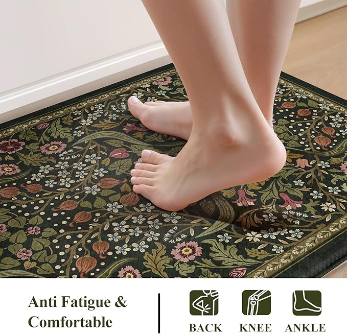 Collive Kitchen Mats for Floor 2PCS, Cushioned Anti Fatigue Rugs Non-Slip Waterproof Kitchen Sink Mat, Green Floral Standing Mat for Bar, Office, Desk, Home Decor