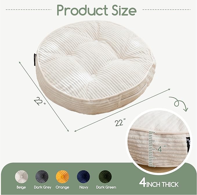 Washable Floor Pillow Cushion for Adults, Meditation Cushion Pillow, Large Round Floor Sitting, Removable Tufted Corduroy Cover, for Tatami Living Room or Yoga, 22x22 Inch, 2Pack, Machine Washable