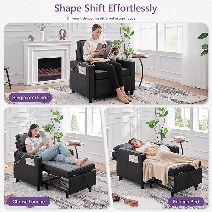 TYBOATLE Leather Convertible Sleeper Chair Bed for Adults, 3-in-1 Pull Out Sofa Chair Bed with USB/Type-C Ports, Cup Holders, Side Pockets, Single Sofa for Living Room, Office, Bedroom (Black)