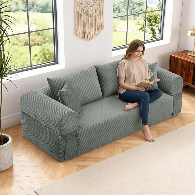 GJQ Convertible Floor Sofa Bed,83" 3 Seater Couch with Pillow Back & Storage Pockets,Corduroy Boneless Couch for Living Room,Compressed Sofa in a Box No Assembly,Light Gray