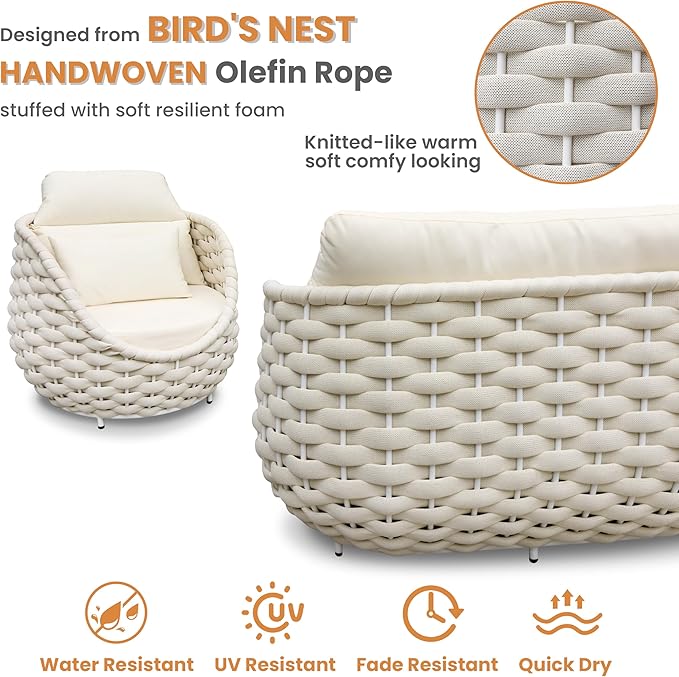 Erotr Woven Rope Outdoor Sofa Set: 5 Pieces Aluminum Patio Conversation Set Assembled - All Weather Cushioned Porch Furniture Couch - Modern Metal Lounge Set for Deck Yard Resort Hotel Sunroom, Beige