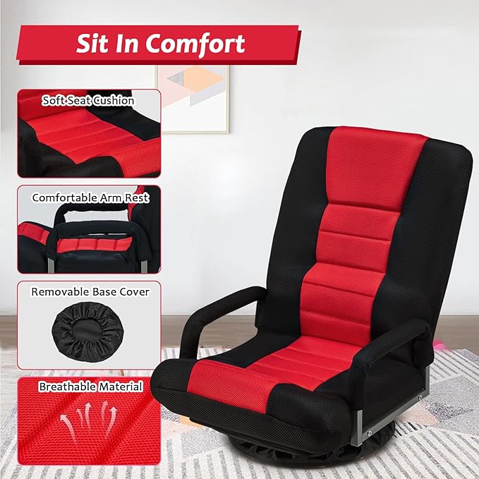 360° Swivel Chair 6 Adjustable Positions Backrest with Armrest Foldable Floor Chairs Suitable for Reading, Relaxing, Mediation,Red