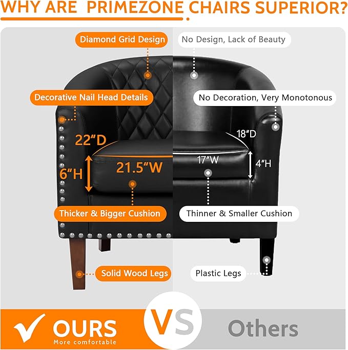 PrimeZone Barrel Chair, Comfy Accent Chair, Faux Leather Living Room Chairs Club Chair with Cushion, Nailhead Trim and Diamond Mesh Backrest, Reading Chair for Bedroom Waiting Room Office, Black