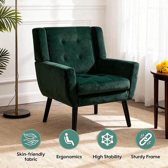 OO BY ORANGE ONLINE Set of 2 Velvet Accent Chair, Mid-Century Modern Tufted Armchair for Living Room, Bedroom & Office (Hunter Green)