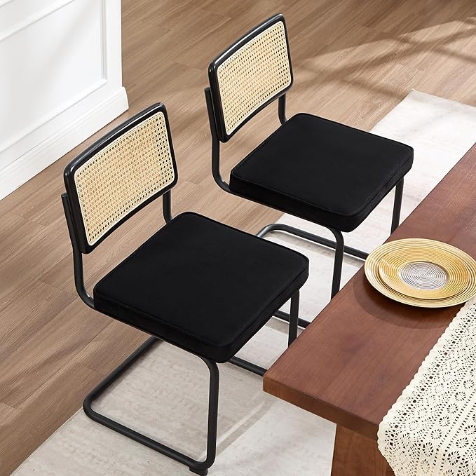 Zesthouse Natural Rattan Dining Chairs Set of 2, Modern Dining Room Chairs with Solid Wood Back for Kitchen Living Room, Mid Century Breuer Design Inspired, Upholstered Velvet Fabric, Black