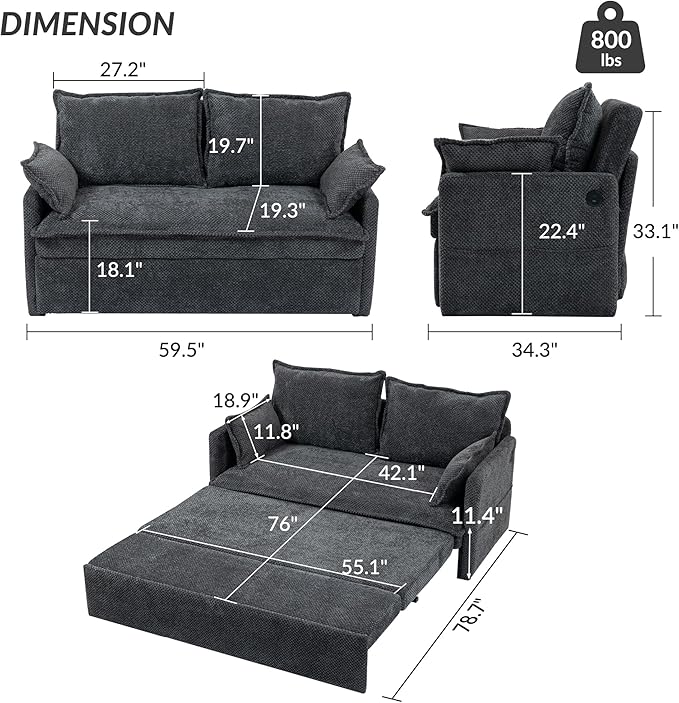 GRAINLLE Pull Out Couch,Loveseat Convertible Sleeper Sofa Bed with USB,Pull Out Sofa Bed Side Storage,2 Pillows,Corduroy Sleeper Couch for Living Room,Bedroom,Apartment,Pet-Friendly(Grey, 59.5'')
