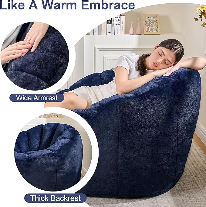Pumpkin Shaped Bean Bag Chair with Ottoman, Gaint Bean Bag Chair for Adults, Faux Rabbit Fur Comfy BeanBag Floor Sofa Chair for Reading, Playing, Relaxing, Dark Blue