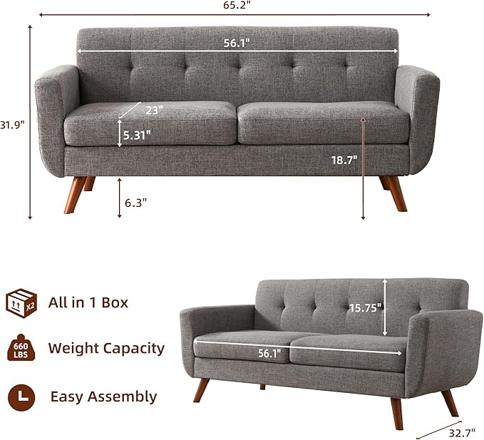 Tbfit Loveseat Sofa, 65" W Mid Century Modern Love Seat Couches for Living Room, Button Tufted Upholstered Small Couch for Bedroom, Solid and Easy to Install Love Seats Furniture, Grey