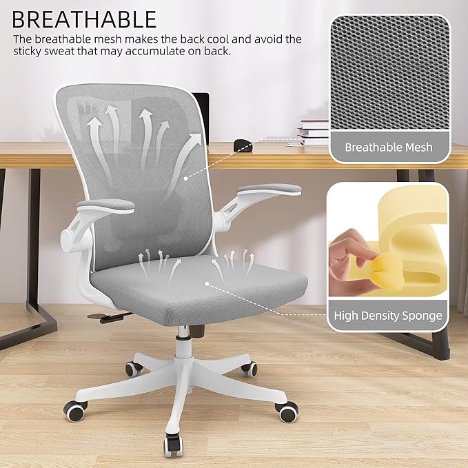 Monhey Office Chair Ergonomic Desk Chair with Lumbar Support&Headrest&Flip-up Arms Height Adjustable Rocking Swivel Computer Chair Multi-Angle from 90° to 125° with 350LBS Capacity (01White+Gray)