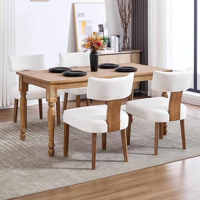 KHISCHMO Mid Century Modern Dining Chairs, Upholstered Linen Fabric Chairs with Curved Backrest and Wood Legs, Comfy Kitchen Vanity Chair for Dining Room/Living Room/Kitchen, Set of 4 Cream