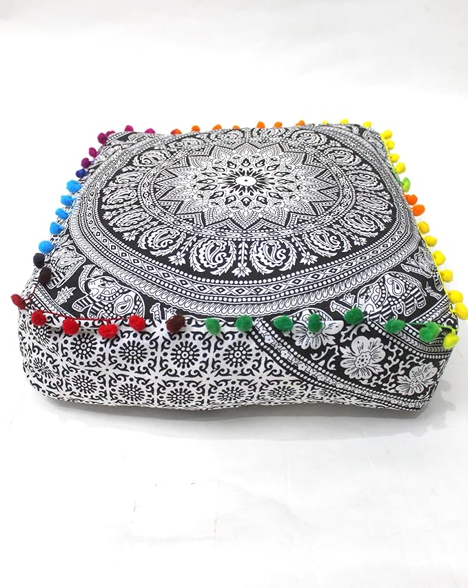 CRAFT KALA Black Elephant Flower Large Hippie Mandala Meditation Floor Ottoman Pillow Cushion Pouf Cover Square Poufs Bohemian Floor Cushion Case Outdoor Fireplace Living Room Decor Cover 24" Square