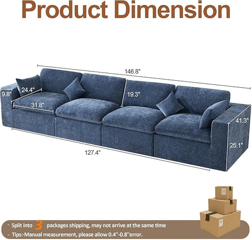 155''Cloud Boneless Sectional Couch, Modular Sectional Sofa Deep Seat, Oversized Upholstered Convertible Comfy 4 Seater Chenille Memory Foam Sofa Couches for Living Room, Blue