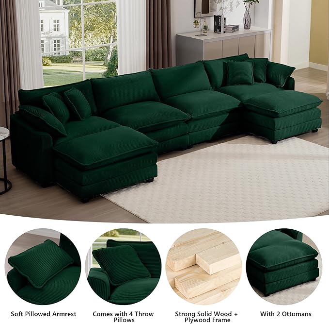 Aoowow Corduroy 4 Seater Couch with Ottomans,Modern Large Cloud Couches for Living Room,U Shaped Modular Sectional Cloud Sofas Deep Seat,U Shape Oversized Tufted Sofa Set (Green, 4 Seater + 2 Ottoman)
