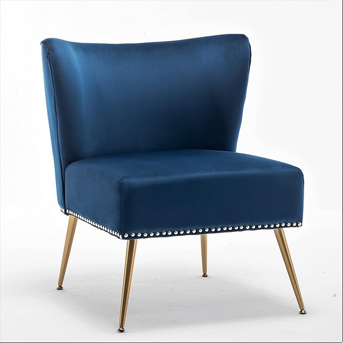 Container Furniture Direct Thia Armless Velvet Accent Chair for Living Room, Elegant Seat with Nailhead Trim, Gold Metal Legs and Comfortable Curved Back, 28" D x 25" W x 29.5" H, Dark Blue