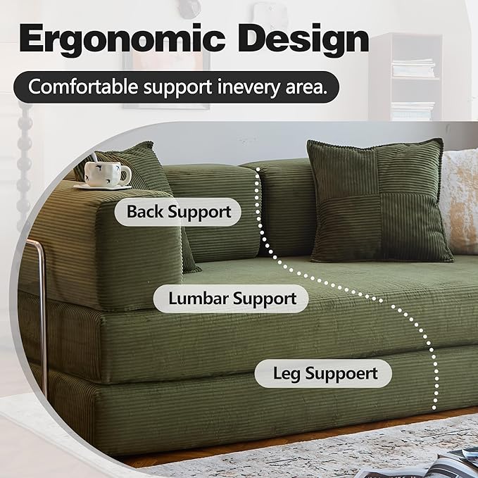 LIAROO 78.8" Convertible Sofa Bed -Compression Sofa with Corduroy Fabric - with Armrests and Backrest - Modular Sectional for Living Room, Bedroom, Studio - Compression Sofa in Box(Green)