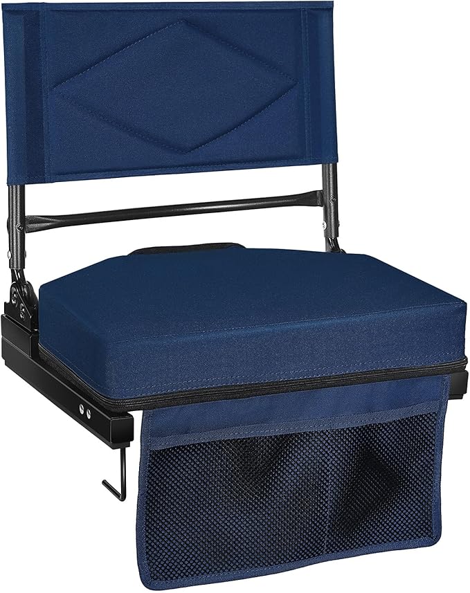 behairity Adjustable Stadium Seats with Back Support – 4-Position Reclining Bleacher Chairs with Padded Cushion, Foldable Portable Stadium Chair with Front Pocket and Shoulder Strap (Navy Blue)