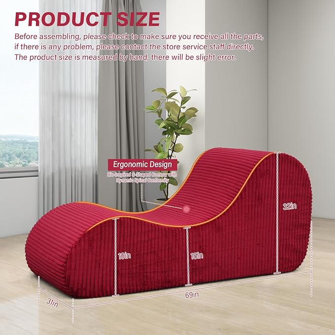 Boneless Oversized High-Density Sponge Soft Sofa Corduroy Chaise Lounge Chair Couch Indoor, Red