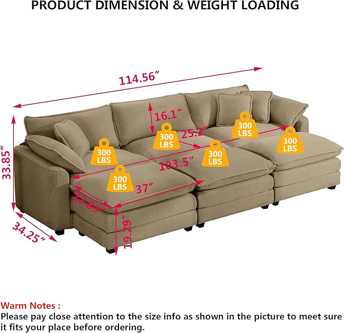 Aoowow Corduroy 3 Seater Sleeper Couch with Ottomans,Large Cloud Couches for Living Room,Tufted Modular Sectional Cloud Sofas Deep Seat,Oversized Chaise Lounge Sofa (Tan, 3 Seater + 3 Ottoman)