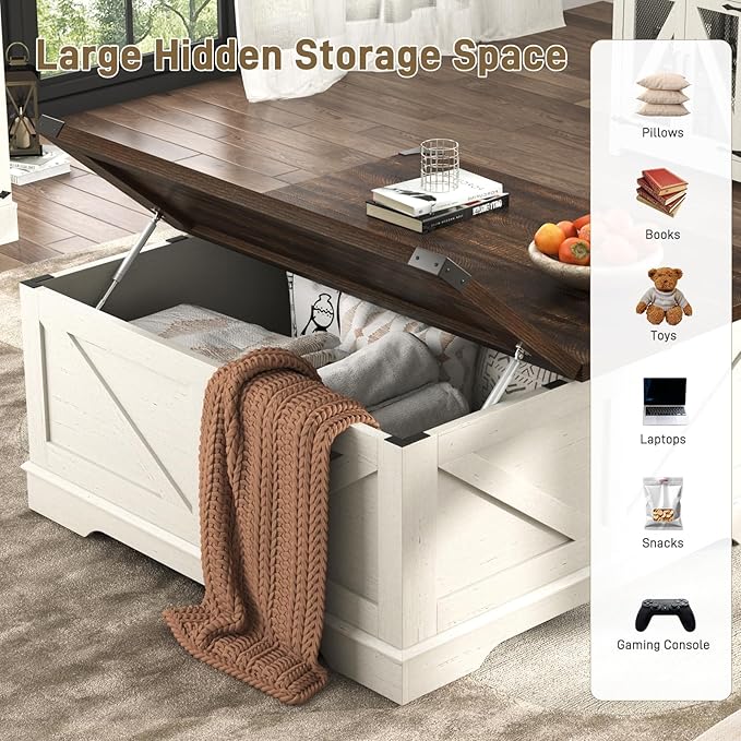 Hlivelood 40” Large Farmhouse Lift Top Coffee Table with Power Outlets and Large Hidden Storage, Square Wood Living Room Tables, Multi-Function Lift Wooden Barn Door Center Table, Rustic White