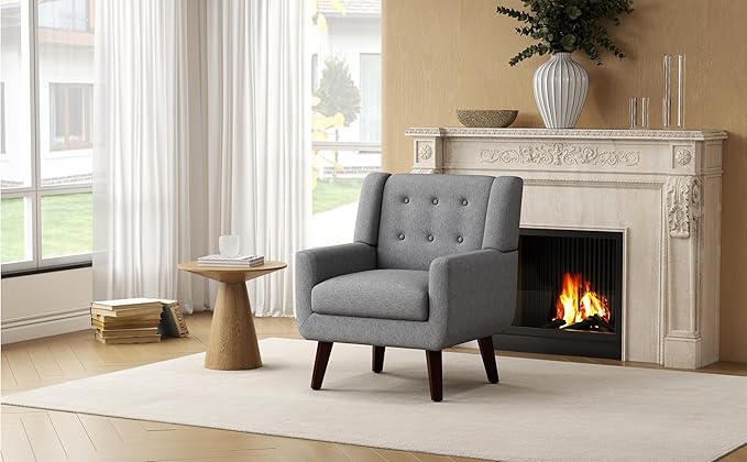 Accent Chairs, Mid-Century Modern Upholstered Living Room Armchair, Comfy Oversized Linen Fabric Single Reading Arm Chair with Tufted Back and Wood Legs for Bedroom, Club (1, Grey)
