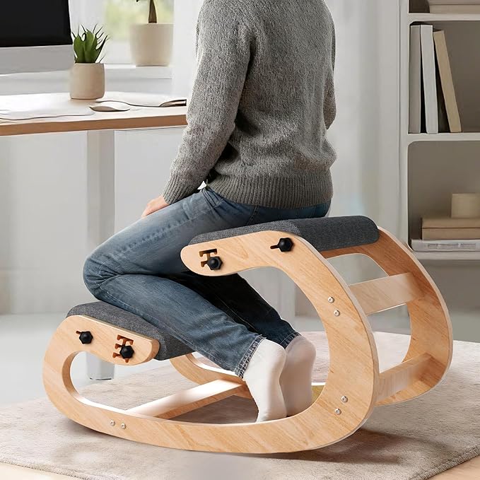 TinyHaven Ergonomic Kneeling Chair with Wooden Frame - Adjustable Height Office Chair with Soft Padding for Back Pain Relief, Posture Correcting Home & Office Desk Chair Wood