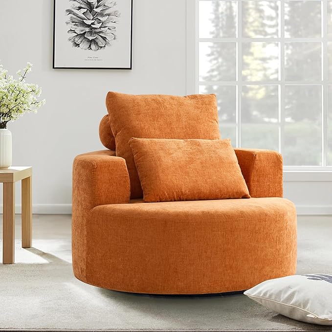 Furnimart 40" Oversized Barrel Accent Chair Set of 2, 360° Swivel Round Upholstered Sofa, Chenille High-Resilience Sponge, No Assembly, Wide Seat for Living Room, Bedroom, Apartment (Orange)