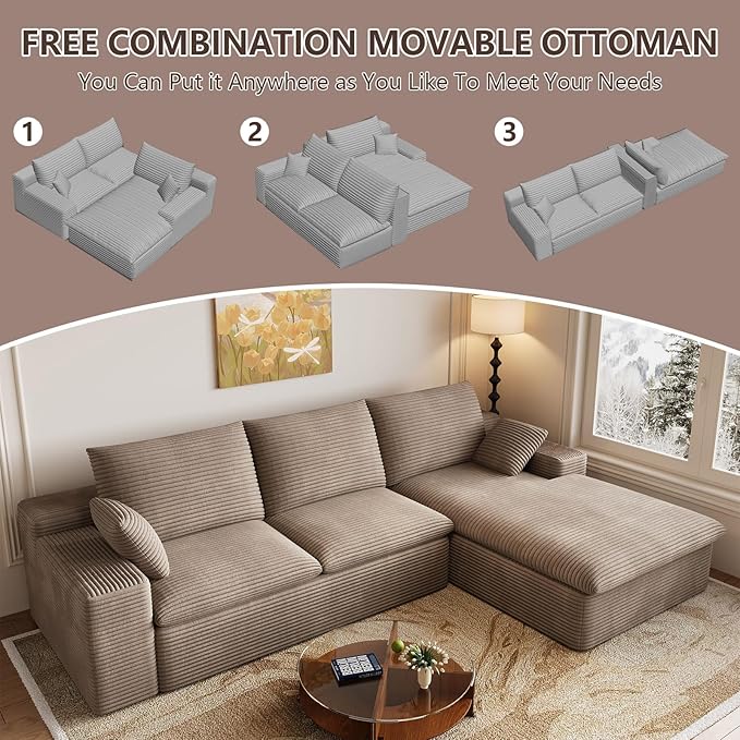 107 Inch Modular Sectional Sofa with Deep Seat, Corduroy Cloud Sectional Couch, Modern Boneless Couches with L-Shape Chaise for Living Room Bedroom, No Assembly Required (Camel, Right Facing Chaise)