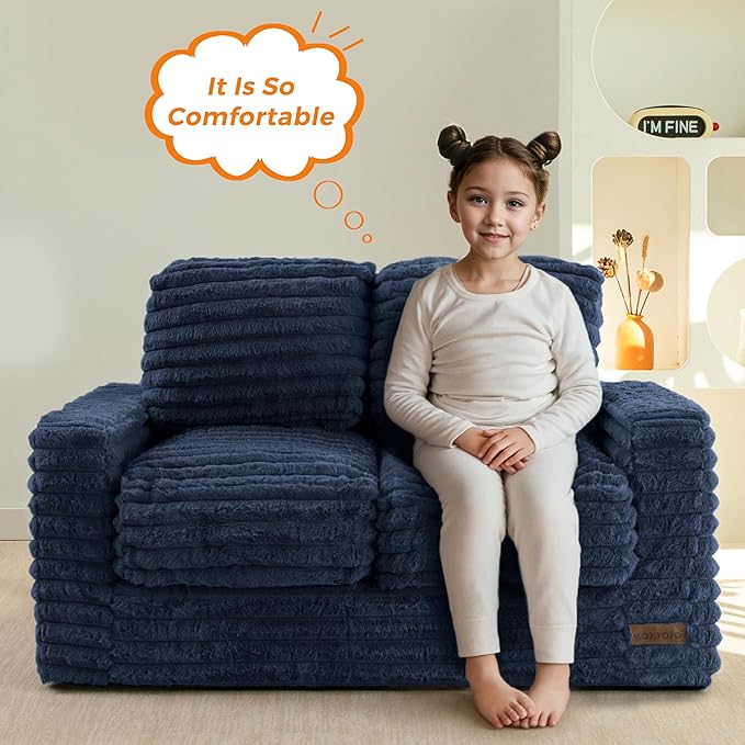 MAXYOYO Extra Wide Kids Bean Bag Chair, Comfy Faux Fur Bean Bag Sofa with Filler, Upholstered Floor Sofa with Pillows and Armrests, Lazy Floor Chair Couch for Boys and Girls, Navy