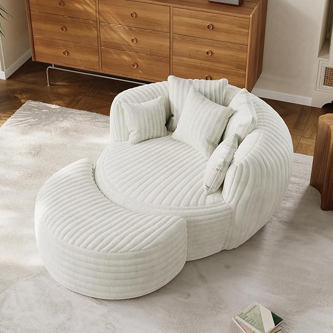 50" W Oversized Round Chaise Lounge Chair with Ottoman Indoor Boneless Plush Fluffy Corduroy Circle Couch Soft Comfy Cozy Cloud Reading Chair for Living Room, Playroom, Bedroom - Beige White
