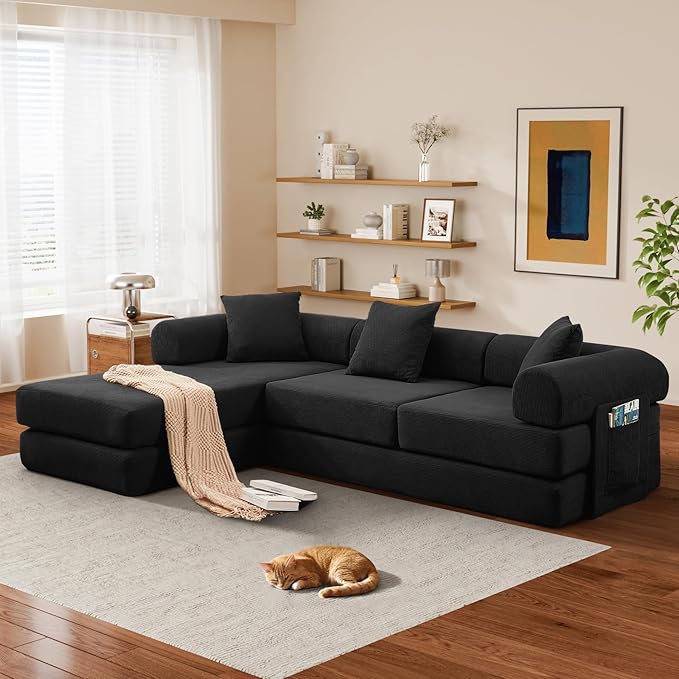 L Shaped Convertible Modular Sofa Bed with Cylindrical Pillow & Reversible Chaise, Corduroy Folding Floor Sofa Couch Bed with Fixed-Shape Frame & Storage Pocket for Living Room, Black