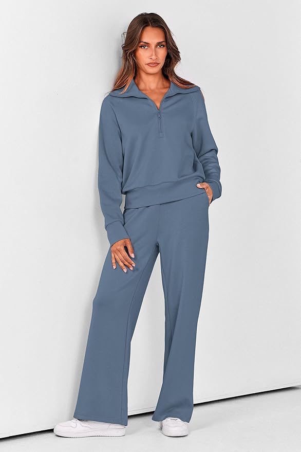 PRETTYGARDEN Women's 2 Piece Outfits Casual Lapel Half Zip Sweatshirts and Wide Leg Pants Tracksuit Sets