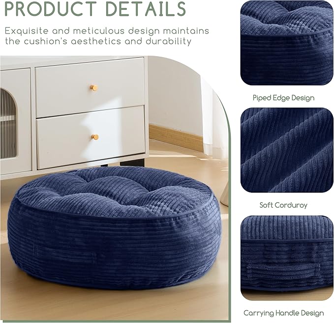8" Washable Floor Pillow Cushion for Adults, Meditation Cushion Pillow, Large Round Floor Sitting, Removable Tufted Corduroy Cover, for Tatami Living Room or Yoga, 22x22 Inch, Machine Washable