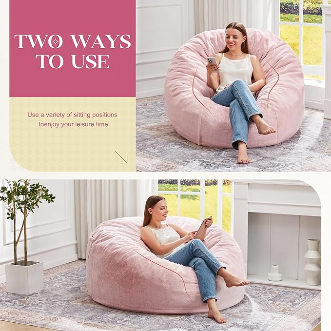Hobestluk Bean Bag Chairs Giant Beanbag Chair with Filler, Memory Foam Bean Bags with Fluffy & Machine Washable Cover, Bean Bag Chairs for Aduts for Living Room, Bedroom (Pink, 4FT - 44” x 44” x 24”)