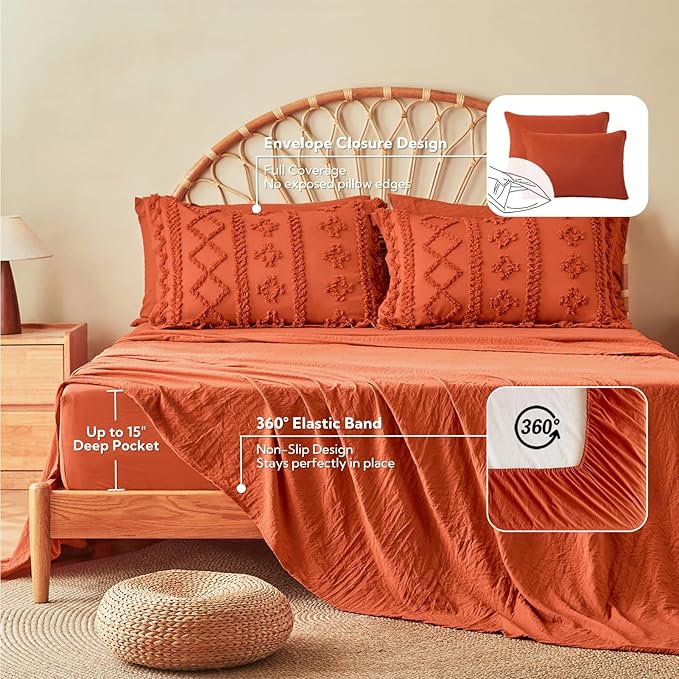 MR&HM Full Size Bed Sheets and Comforter Set Terracotta, 7 Pieces Tufted Boho Beddding Sets, Farmhouse Bed in a Bag with 1 Comforter, 2 Pillow Shams, 2 Pillowcases, 1 Flat Sheet, 1 Fitted Sheet