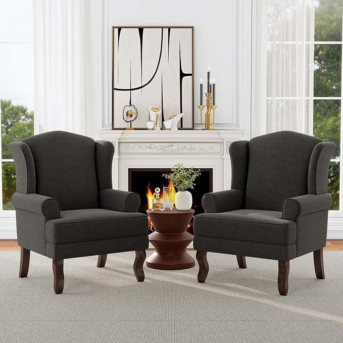 DREAMSIDEA Accent Chair, High Back Upholstered Armchair with High Resilience Sponge & Wood Legs, Mid-Century Modern Comfy Single Sofa Reading Chairs for Living Room, Bedroom (Dark Grey, Set of 2)