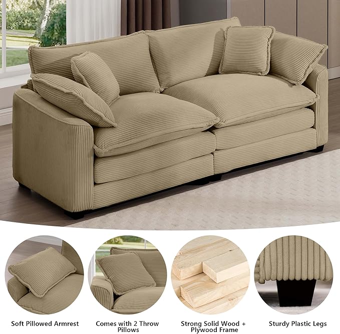 Aoowow Corduroy Loveseat Couch,Modern 2 Seater Cloud Couches for Living Room,Modular Sectional Cloud Sofas with Deep Seat,Large Love Seat for Small Spaces,Apartment,Office. (Tan, 2 Seater)