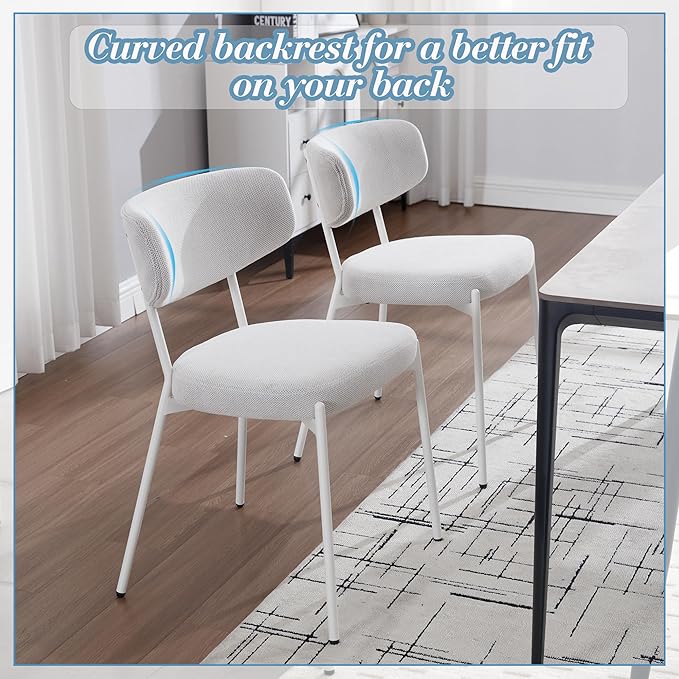 KCC Modern Mid-Century Velvet Dining Chairs Set of 6, Upholstered Stylish Kitchen Chairs Accent Diner Chairs with Metal Legs and Curved Back for Kitchen, Dining Room(White)